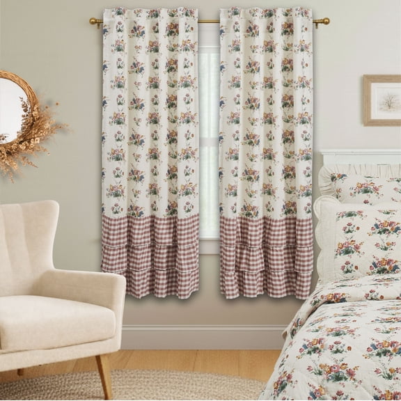 VHC Brands Rosehill Cottage Floral & Gingham Ruffled Cotton Short Panel Curtain Set - 36x63 Dusty Rose & Natural Window Drapes