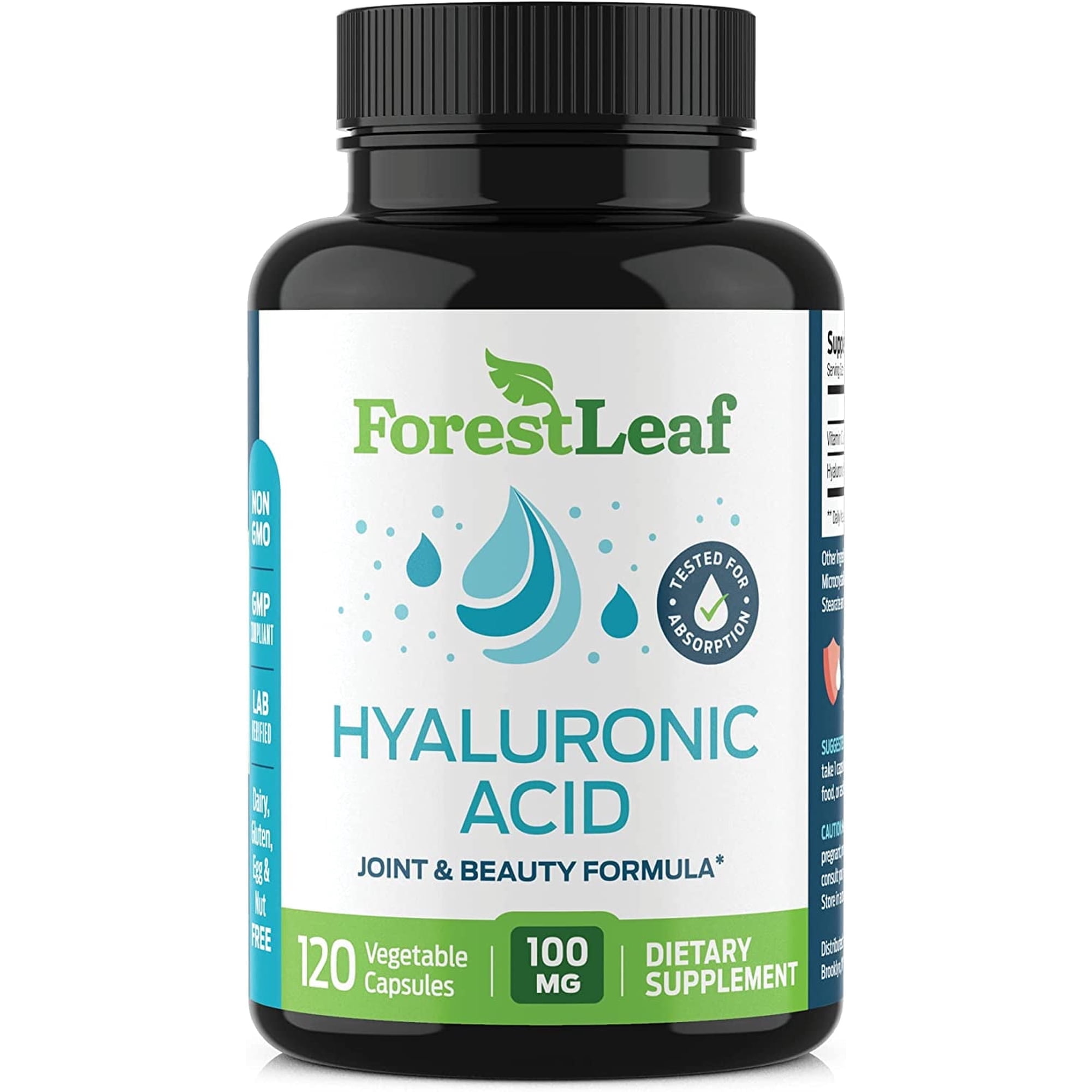 Forest Leaf Hyaluronic Acid Supplement for Joint Support and Anti Aging, 120 Vegetable Capsules