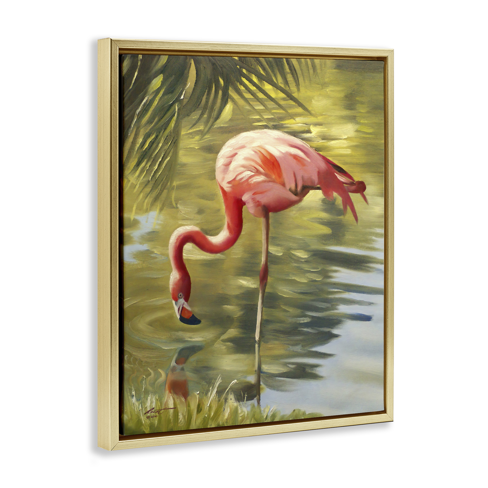 Stupell Industries Flamingo Shallow Pond Animals & Insects Painting Gold Floater Framed Canvas Art Print Wall Art, 17 x 21