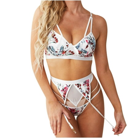 

Plus Size Lingerie For Women Boxer Briefs Underwear Underwear Sleepwear Women Print Split 3-piece Set Tops+ Lace Split Pajamas 3 Piece + Panties White L