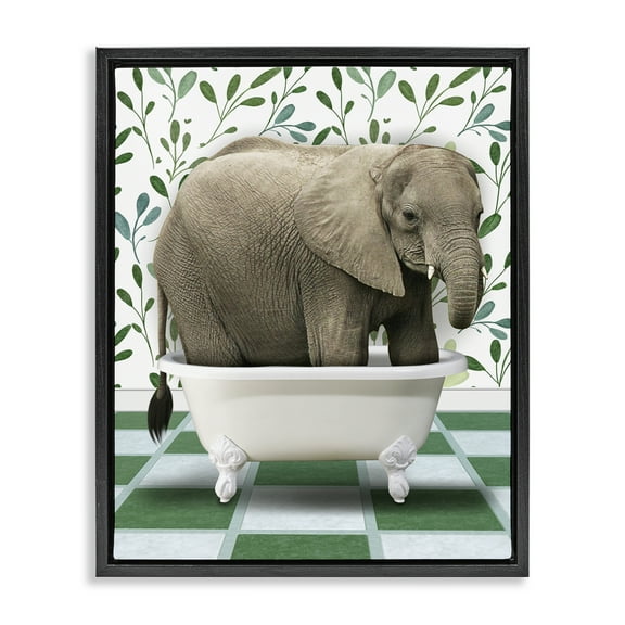 Stupell Industries Bathing Elephant on Green Bath & Laundry Painting Black Floater Framed Canvas Art Print Wall Art, 17 x 21