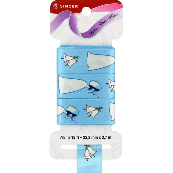 SINGER Satin Ribbon, 7/8-Inch by 12-Feet, Brides and Bells Print, Tropical Blue