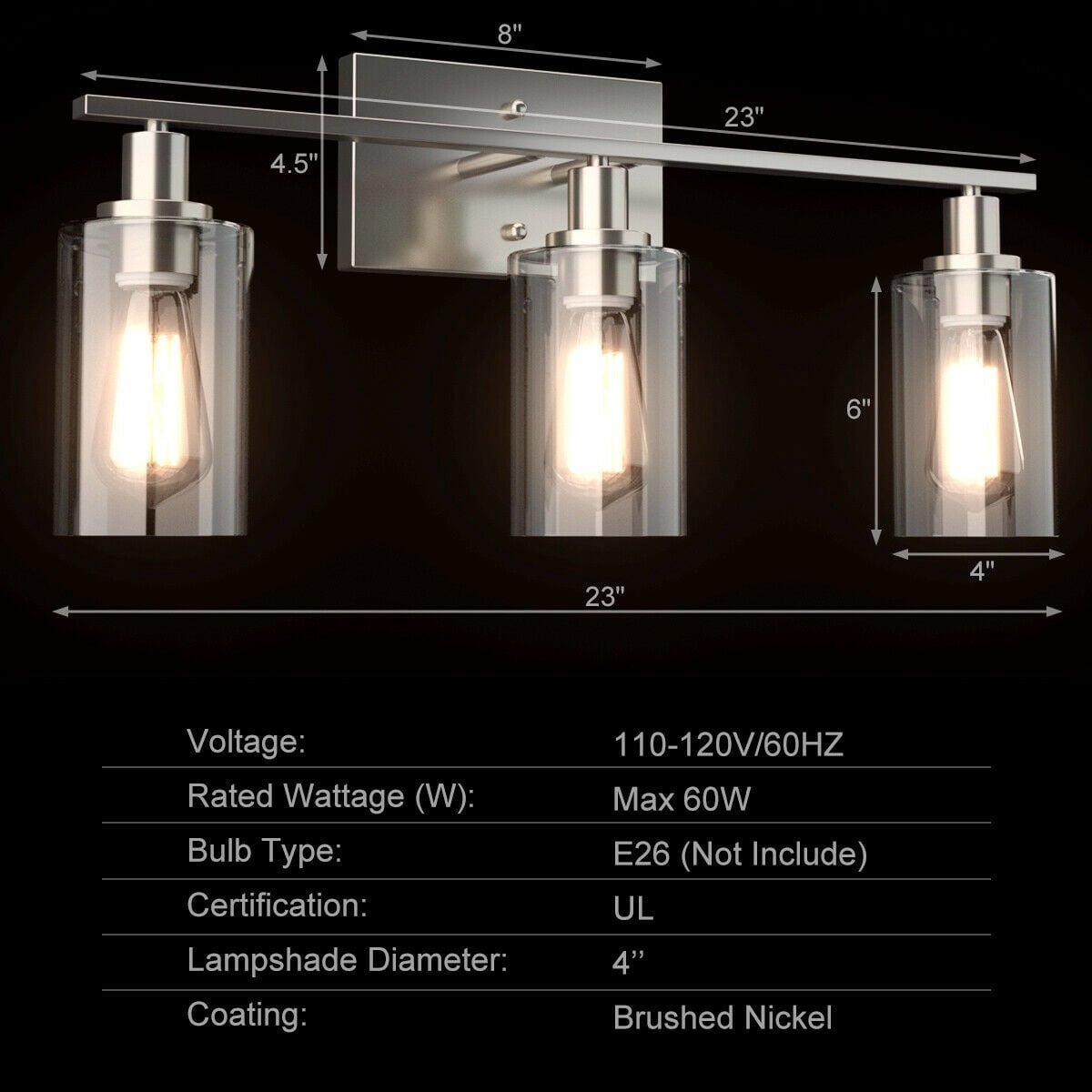 Patiojoy Bathroom Vanity Light Modern Wall 3-Light  Sconce Fixtures W/ Clear Glass Shade