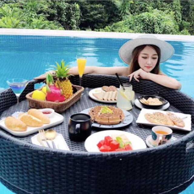 Round Pool Tray, Pool Floats for Adults, Spas, & Pool Parties - Floating Tray for Pool Serving Drinks, Floating Brunch, Food on The Water,Almondcolor-Φ23.6*H7.8in