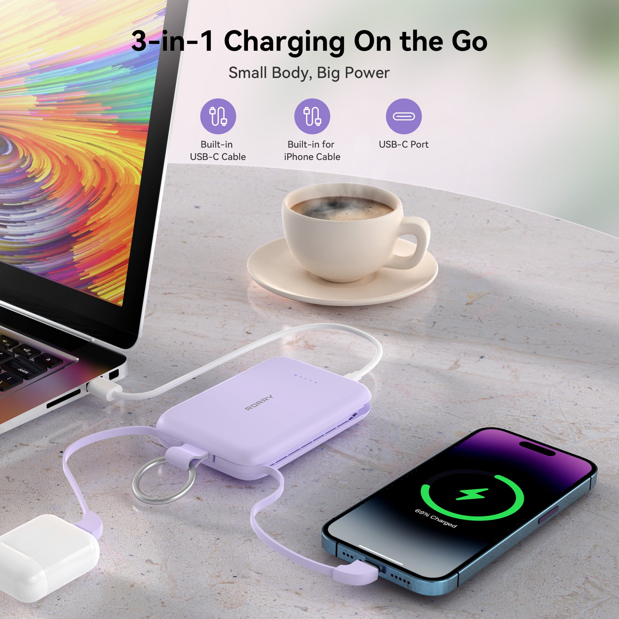 RORRY Portable Charger, 10000mAh PD 30W Power Bank with Built-in Cables, Fast Charging Battery Pack, Travel Essential Phone Power Bank for iPhone, Android, iPad, Galaxy and More,Green