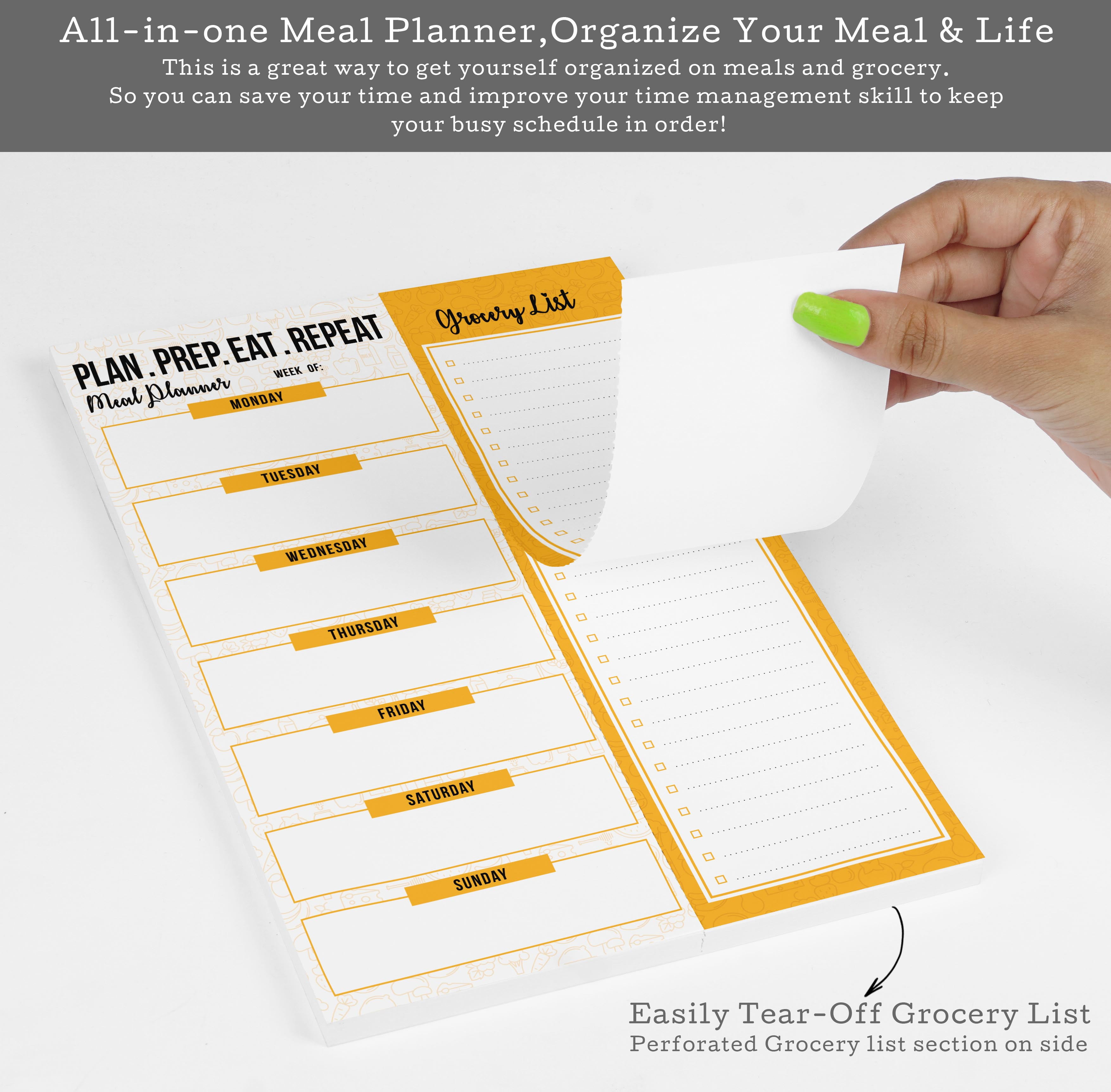 Inkdotpot Weekly Meal Planner Notepad 7"x10 , "Plan. Prep. Eat. Repeat" Magnetic Meal Planning Pad with Tear Off Grocery Shopping List for Fridge- Kitchen & Home - 54 Sheets -8G