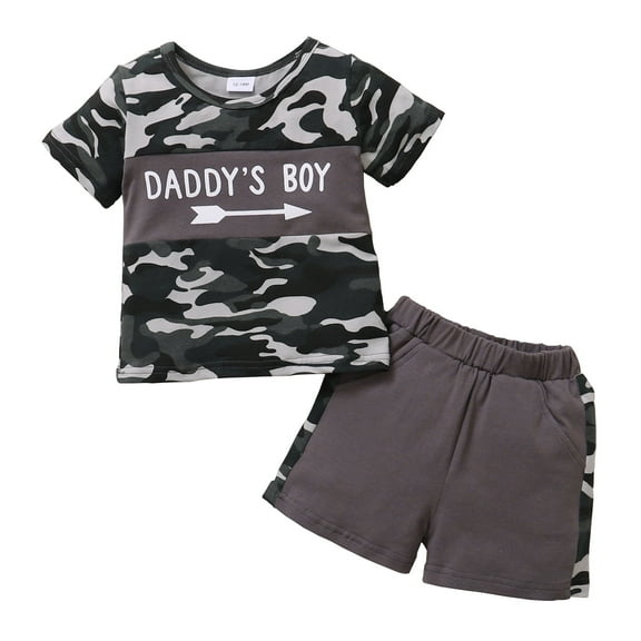 18 Months Baby Boys Clothes 24 Months Toddler Boys Summer 2PCS Outfits Letter Print Short Sleeve Camouflage Tops Gray Shorts Set
