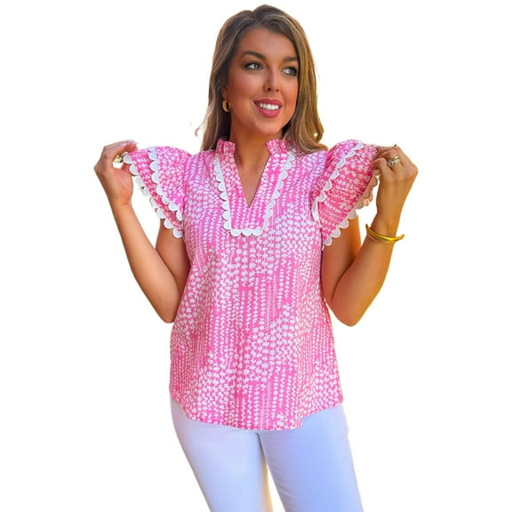 Women's Pink Abstract Print Flutter Sleeve Notch V Neck Blouse with Ric Rac Trim | [ZhiHiMeRi] | (US 12-14)L