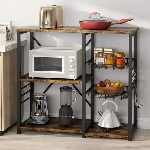 Tribesigns Kitchen Cart Baker S Rack Microwave Oven Stand Industrial Utility Storage Shelf Organizer Rustic Coffee Bar With Wire Basket And 6 Hooks Walmart Com Walmart Com