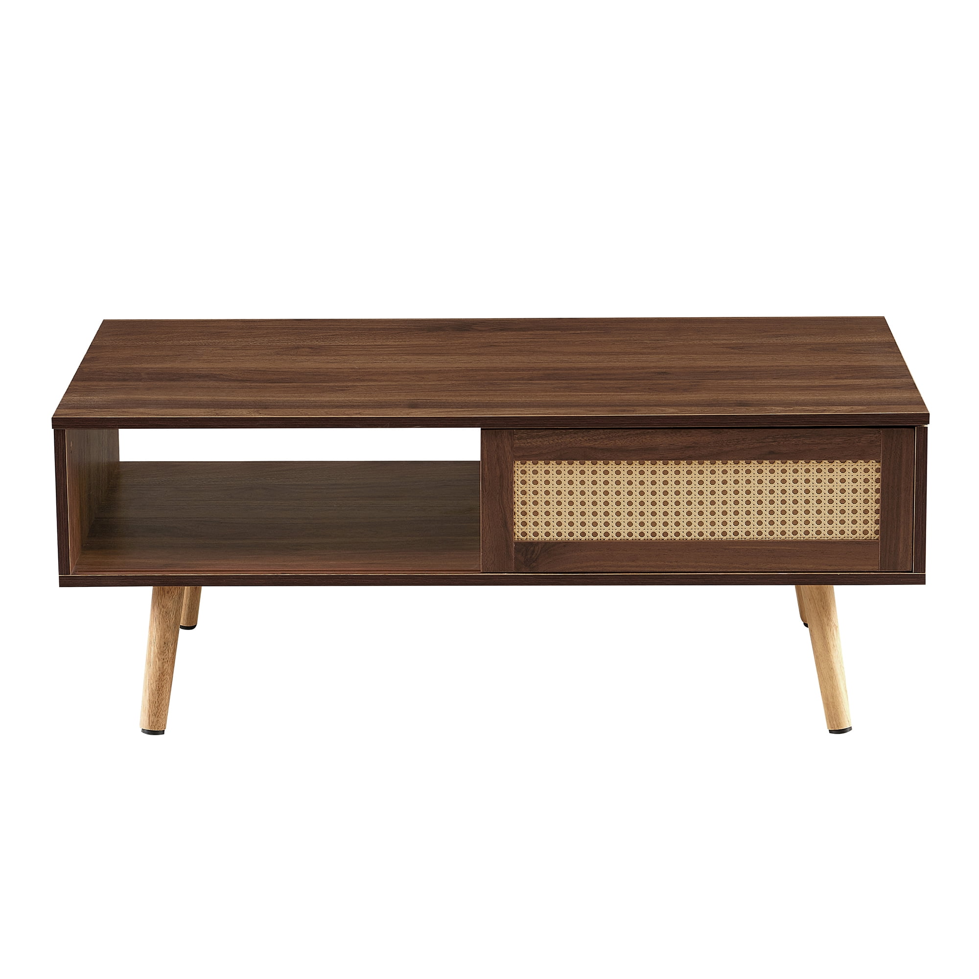 Coffee Table, Living Room Table, Storage Coffee Table with PE Rattan Finish Sliding Door Storage Compartment Solid Wood Legs Adjustable Feet, Walnut