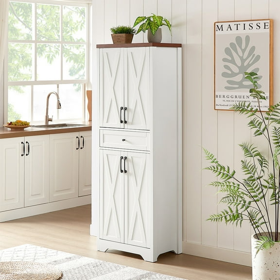 TrumanPick 68"H Tall Kitchen Pantry with 4 Doors, 1 Drawer Modern Freestanding Storage Cabinet for Dining Room Living Room, White/Walnut