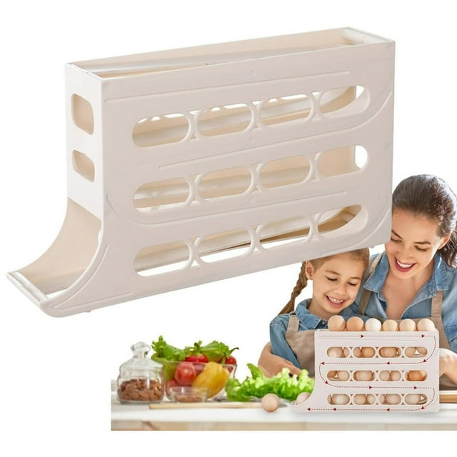 Dispensador automático de huevos enrollable de 4 niveles para frigorífico - Organizador de frigorífico que ahorra espacio para 30 huevos, dispensador alimentado por gravedad con barandillas