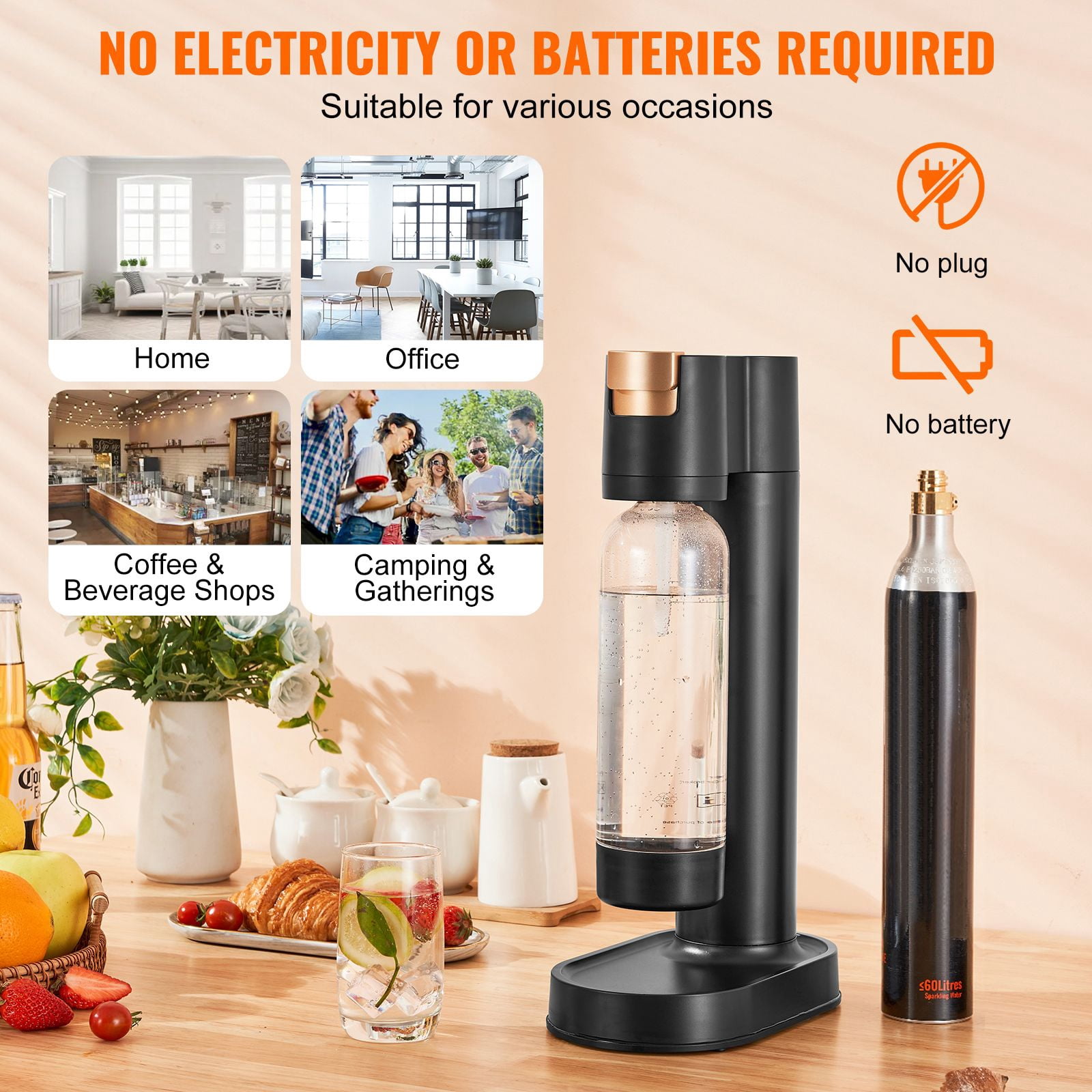 Sparkling Water Maker Soda Maker, 1L PET Bottle, 60L CO2 Cylinder Compatible, 3-Second Carbonation, Automatic Pressure Release, for Homemade Soda Water, Juice & Cocktails