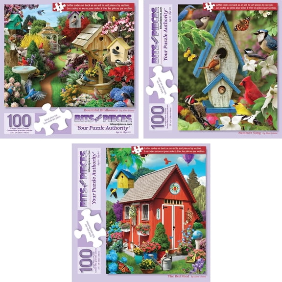 Bits and Pieces Jigsaw Puzzle Alan Giana Birdhouse Scenes 100-Piece Extra-Large Pieces with Lettered Backs 3-Pack 15 x 19 Inch