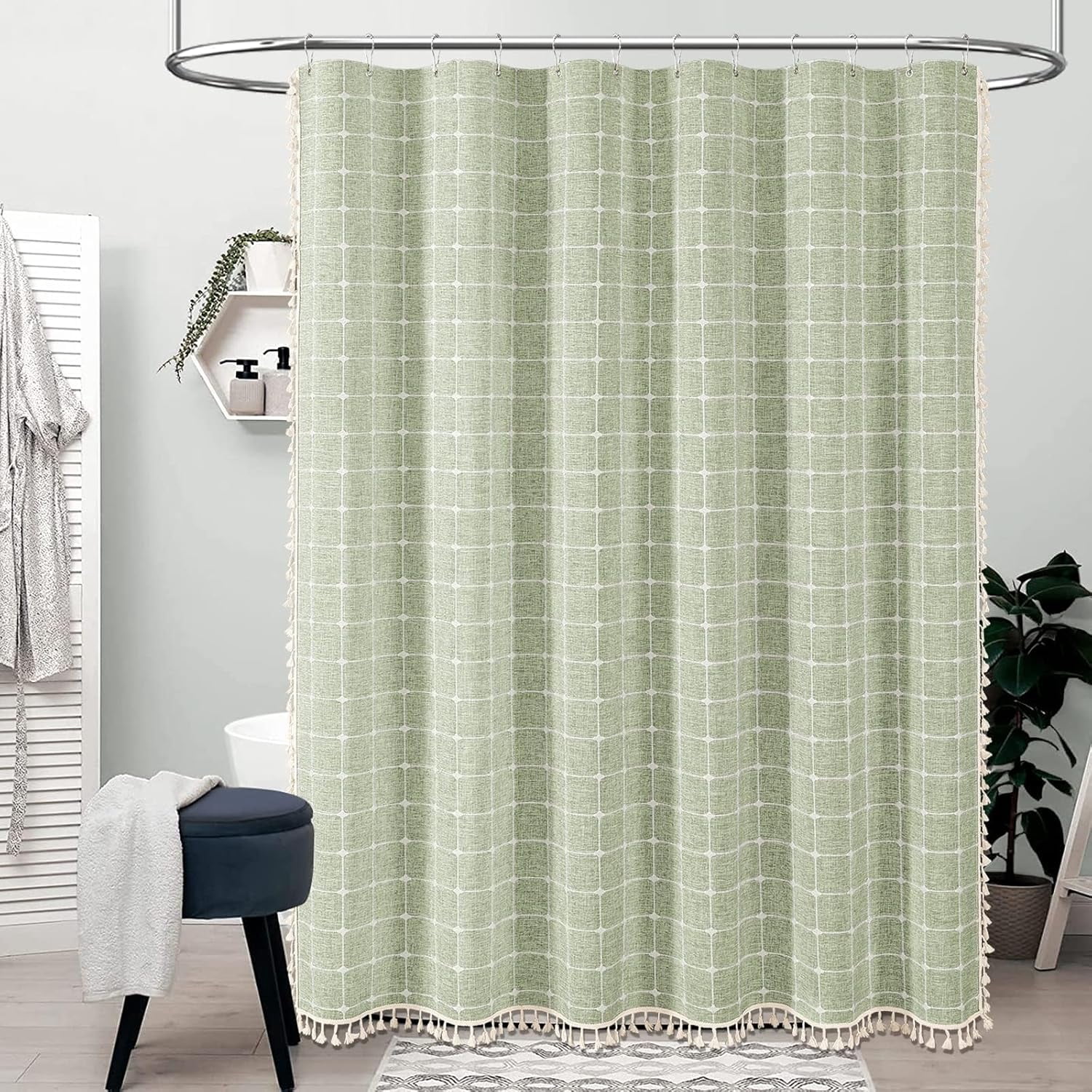 Boho Farmhouse Shower Curtain Set with Tassel - Linen Rustic Heavy Duty Fabric, Water Repellent, Modern Bohemian French Country Thick Bathroom Shower Curtains - Cream/Beige, 72x72