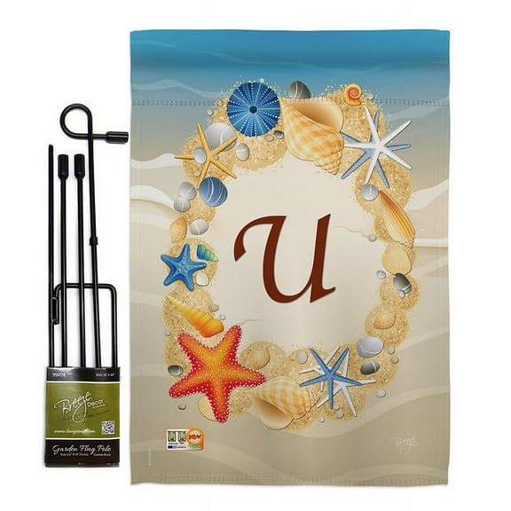 Breeze Decor BD-BN-GS-130177-IP-BO-D-US14-BD 13 x 18.5 in. Summer U Initial Coastal Beach Impressions Decorative Vertical Double Sided Garden Flag Set with Banner Pole