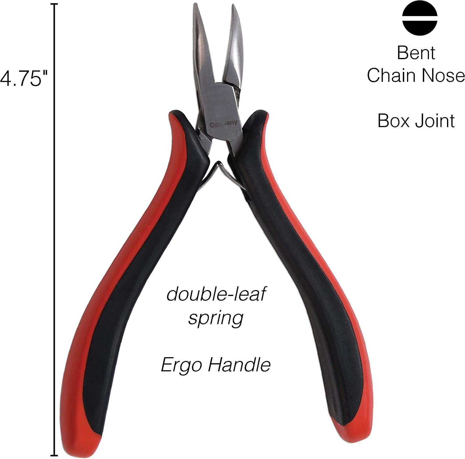The Beadsmith Platinum Series German Bent Chain Nose Pliers, 4.75 inches (120mm) with Polished Steel Head, red and Black Ergonomic Comfort Grip Handle and Double-Leaf Spring, Tool for Jewelry Making