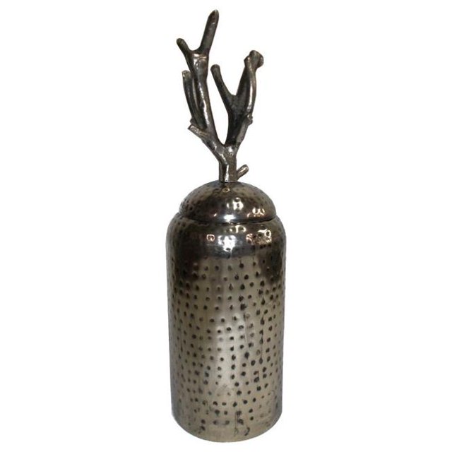 Benzara BM180985 Round Metal Lidded Jar with Tree Branch Top, Silver