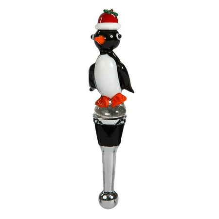 

5 White and Black Handblown Glass Holiday Penguin Wine Bottle Stopper