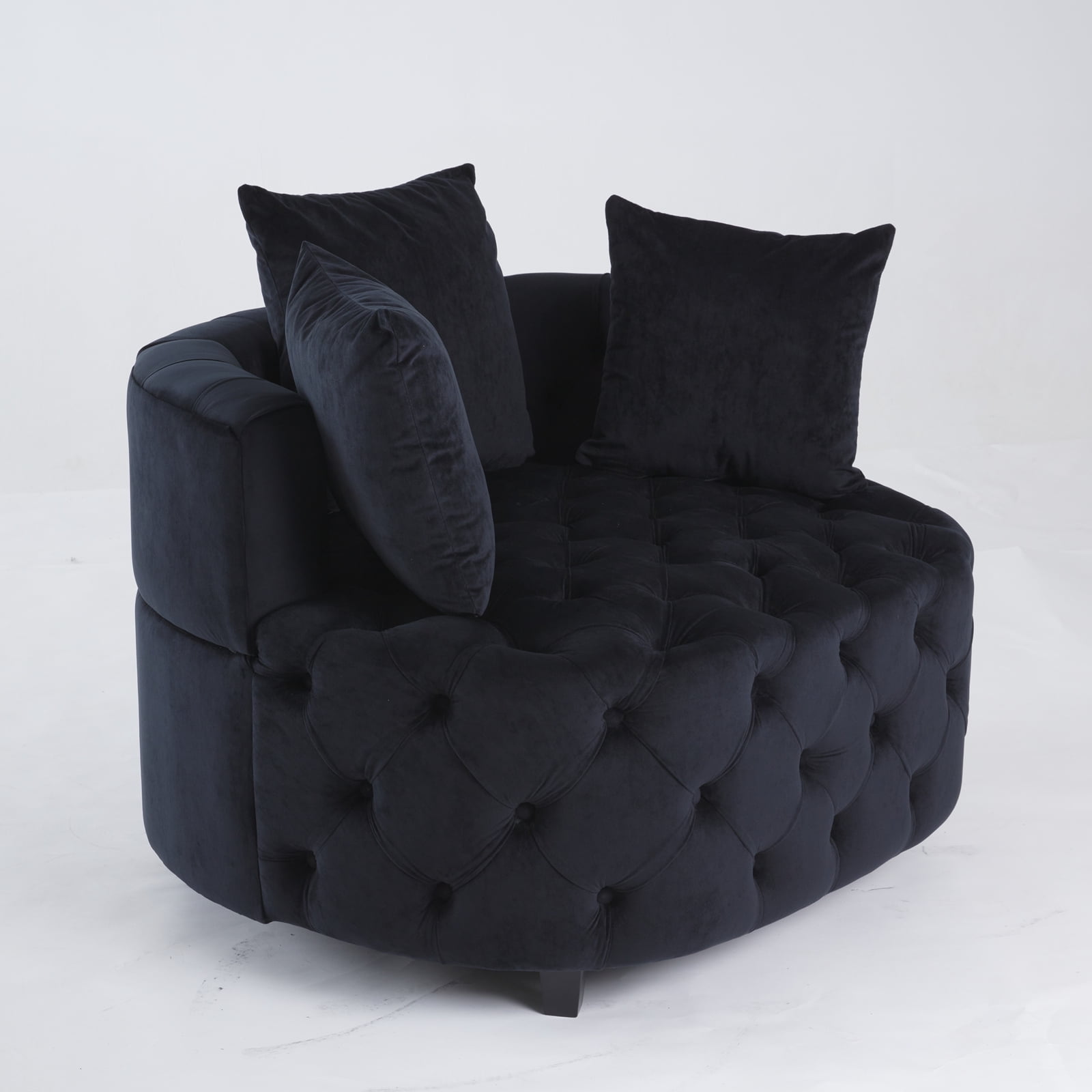 Yoneston Oversized Tufted Barrel Chair, Round Velvet Accent Chair with 3 Pillows, Comfy Lounge Sofa Chair for Living Room Bedroom Hotel Office, Black