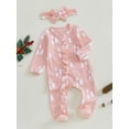 thumbnail image 3 of Newborn Baby Girls Christmas Print Footie Romper Waffle Long Sleeve Ruffle Jumpsuit Headband Set Fall Winter Clothes, 3 of 8