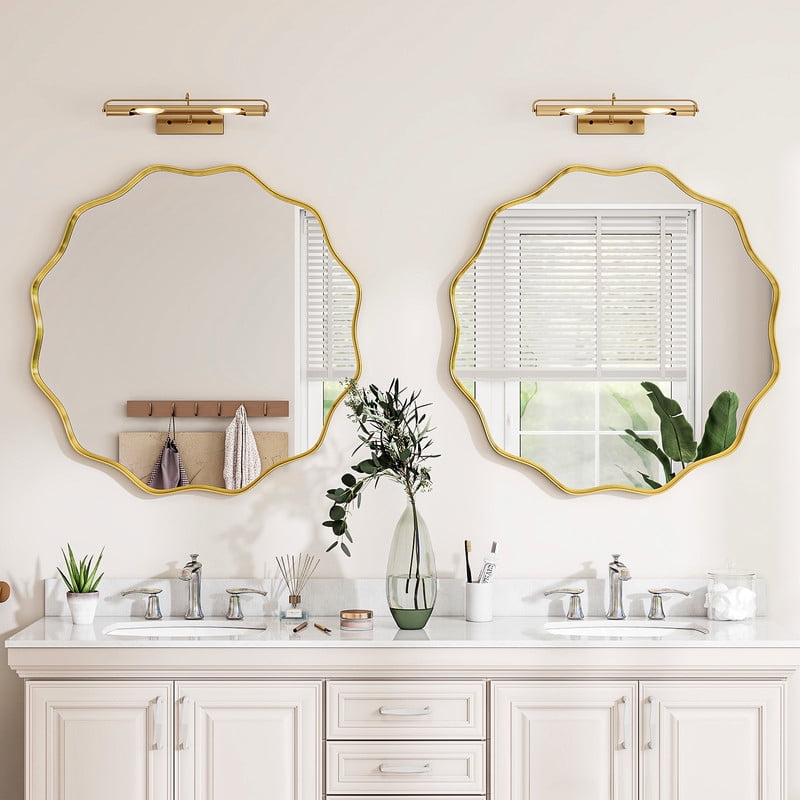 Easy4Home 29" Wavy Round Decorative Mirror With Deep Frame, Gold
