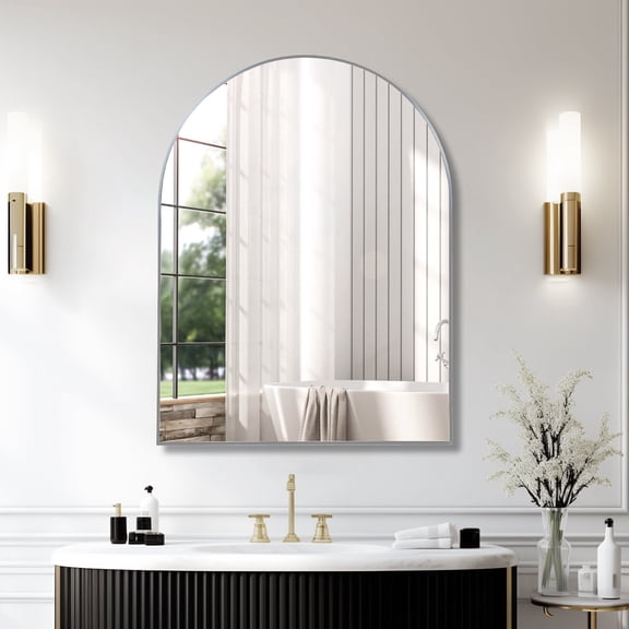 Bathroom Mirror 30x40 Inch Silver Metal Framed Arched Bathrrom Mirror for Wall.,Wall Mirror