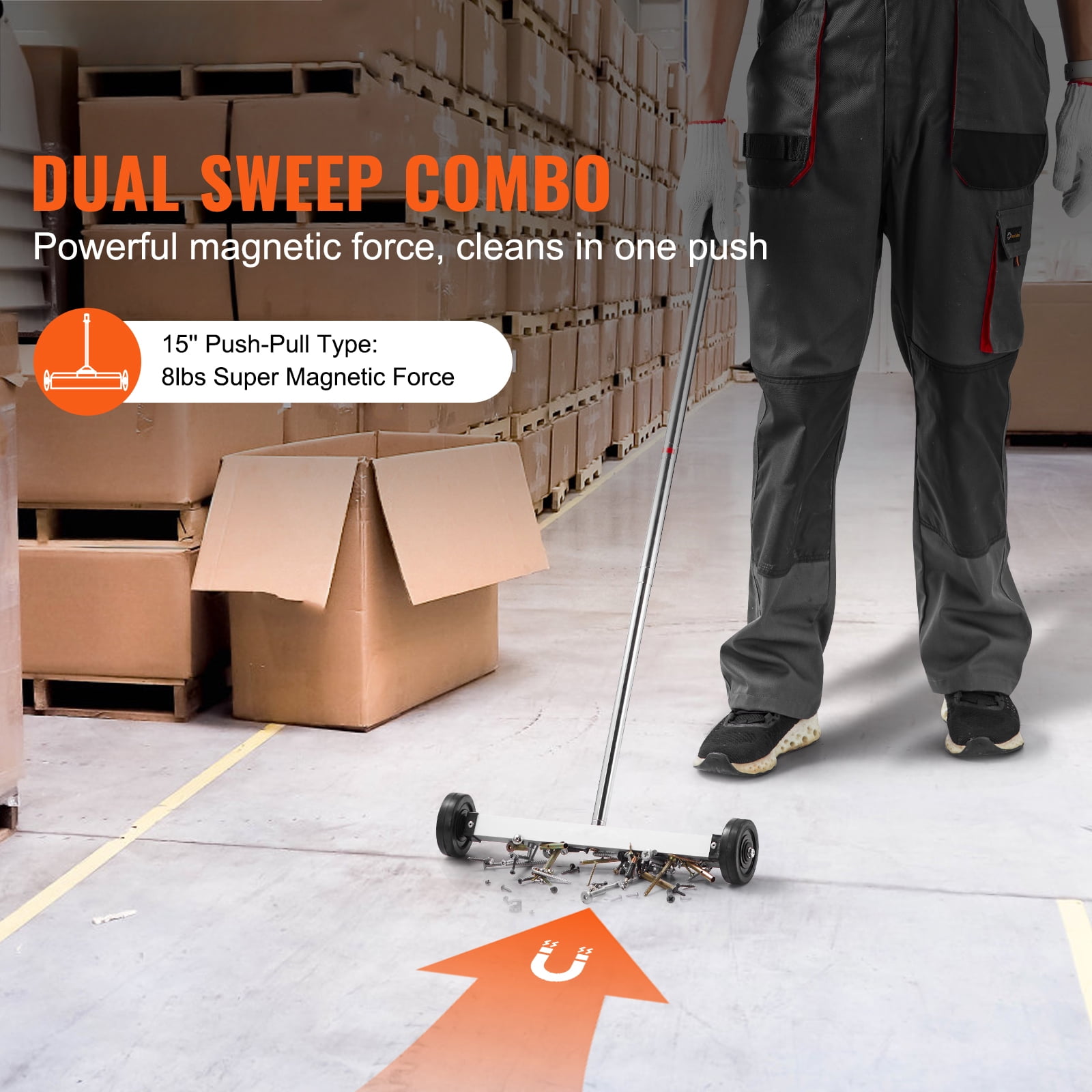 SKYSHALO Magnetic Broom with Rolling Wheels, 15" Compact Size, 8 lbs Holding Force, Telescopic Handle for Comfort, Portable Magnet Roller for Collecting Metal Debris, Simplifies Cleaning