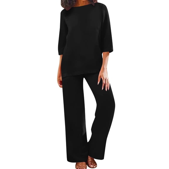 NMMUED Women's Linen 2 Piece Outfits Cotton Linen 3/4 Sleeve Top Wide Leg Pants Summer Shirts Wide Leg Linen Pants Summer Casual Dressy Linen Sets Casual Sets for Women 2 Piece Black L