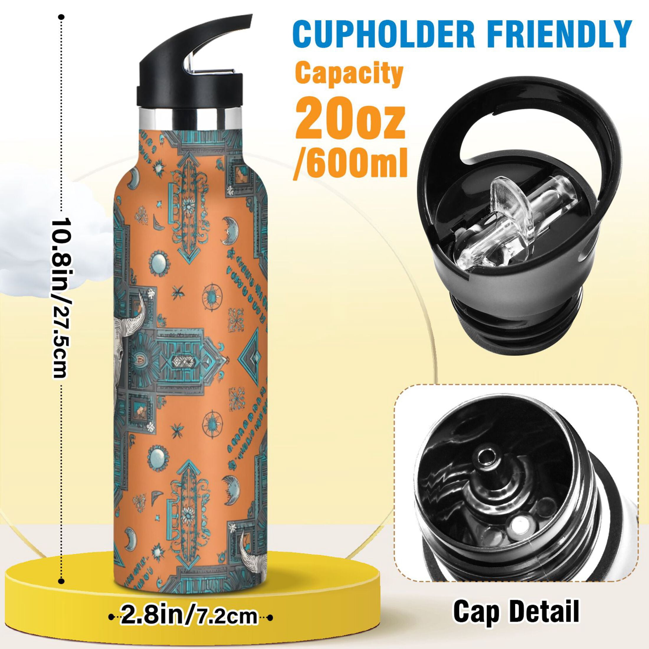 Kids Insulated Stainless Steel Sports Water Bottle 600ml Western-style Cowhorn Skulls