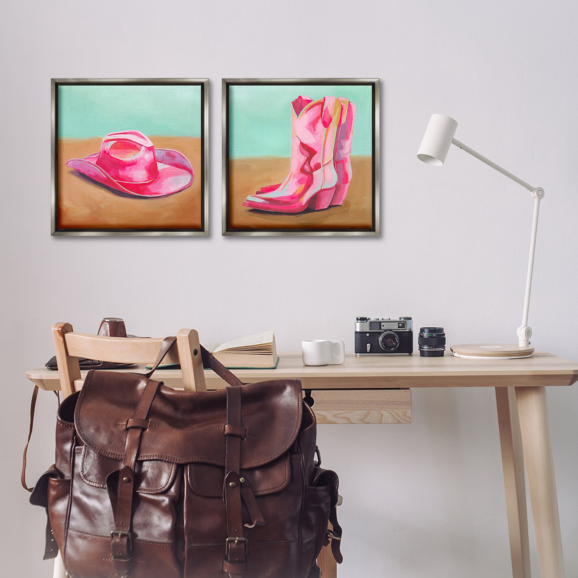 Stupell Industries Pink Theme Cowgirl Fashion Entertainment Painting Gray Floater Framed Canvas Art Print Wall Art, 18 x 18, Set of 2