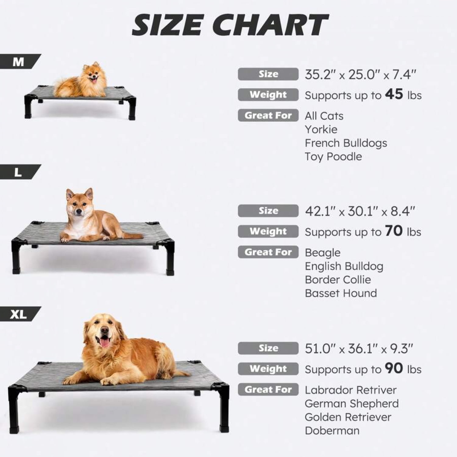 NTGFU Cooling Elevated Dog Bed, Raised Dog Bed with Washable Breathable Mesh and Metal Frame, Portable Dog Cot Bed with No-Slip Feet for Outdoor and Indoor Use,Black Silver-35'' x 25'' x 7.5''