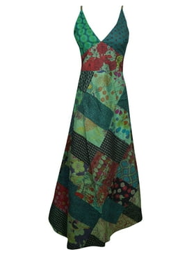 Mogul Womens Maxi Dress Deep V-Neckline Patchwork Floral Print Summer Fashion Gypsy Long Dresses