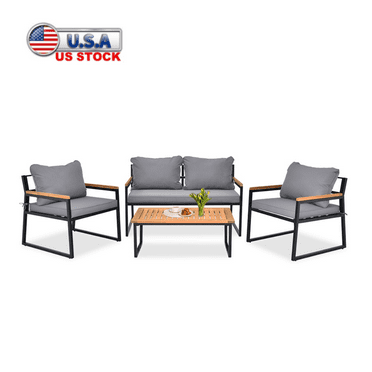 Tcbosik 4 Piece Outdoor Patio Furniture Set with Gray Cushions, Modern Conversation Set with Wood-Top Coffee Table, 2 Armchairs and 1 Loveseat, Black