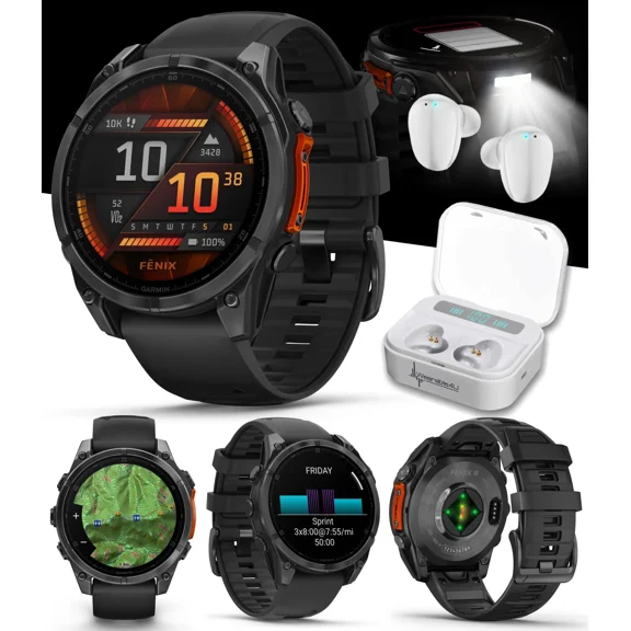 Garmin Fenix 8 47 mm, AMOLED Slate Gray with Black Silicone Band Multisport GPS Smartwatch with White EarBuds