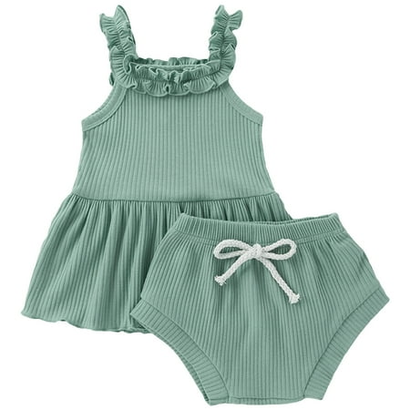 

Baby Girls Clothes Baby Essentials Infant Baby Girls Solid Ribbed Stitch Ruffle A-Line Skirt Shorts Outfits Set on Clearance