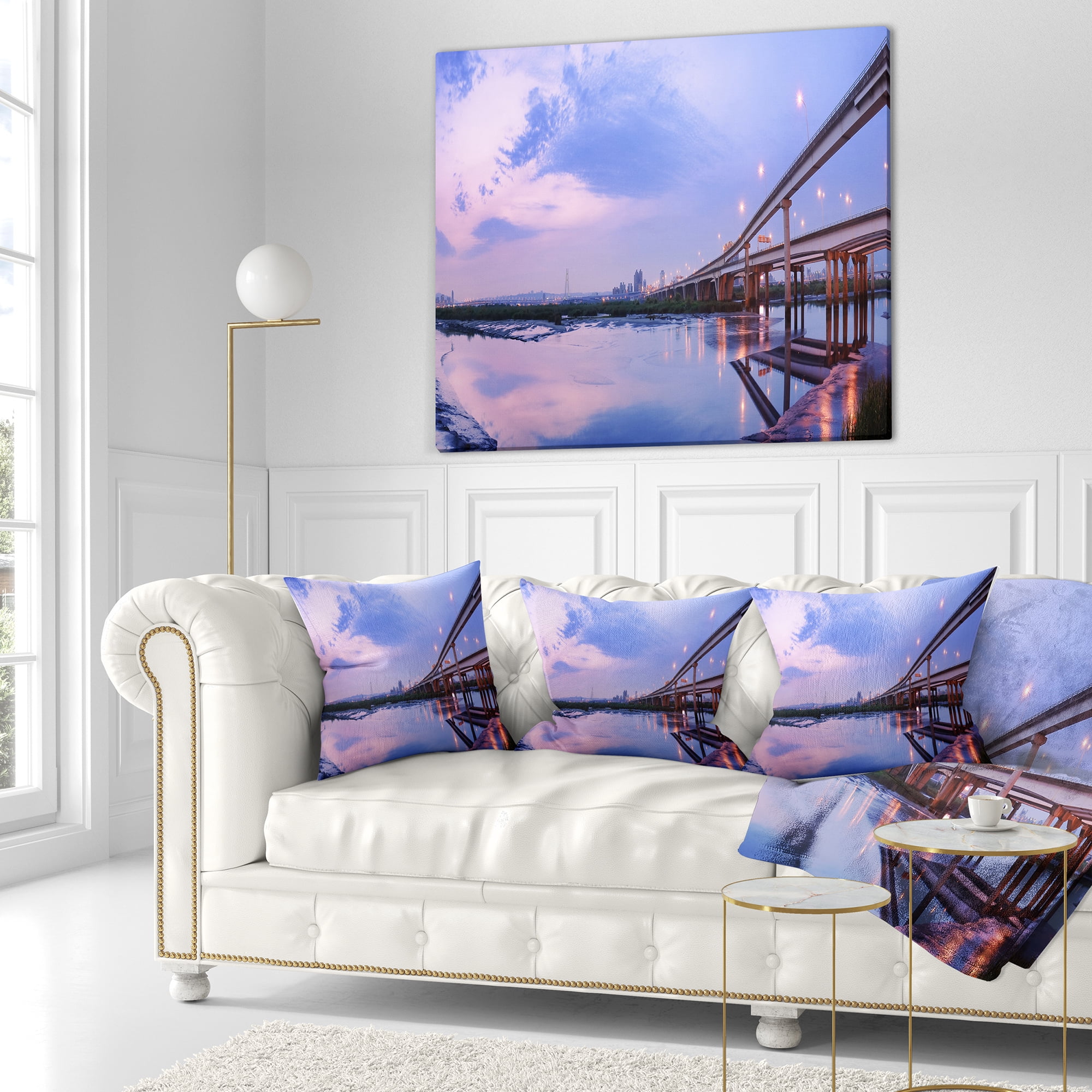 Designart Purple Beach with Pier - Seashore Photography Throw Pillow - 18x18