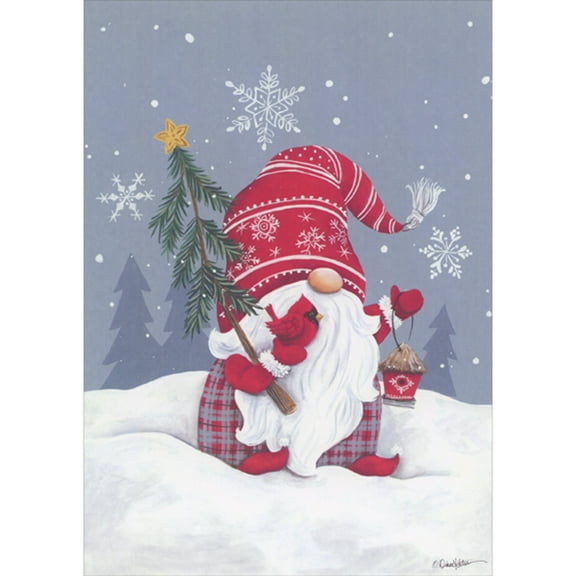 LPG Greetings Gnome with Red Gloves, Hat with Snowflakes and Dots, Cardinal, Small Tree and Lantern Box of 16 Christmas Cards
