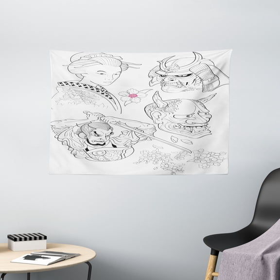 Kabuki Mask Decoration Tapestry, Samurai Warrior Japanese Woman Portrait Drawings Sakura Blooms, Wall Hanging for Bedroom Living Room Dorm Decor, 60W X 40L Inches, Black White Pink, by Ambesonne