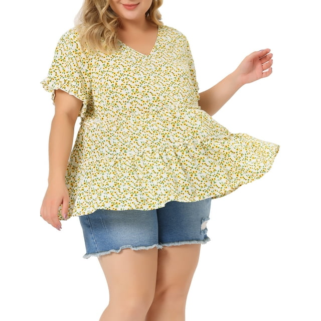 Blusa de mujer plus size Agnes Orinda, estilo boho, con flores, escote en V, mangas con volantes, blusas tipo babydoll en talla 1X color beige