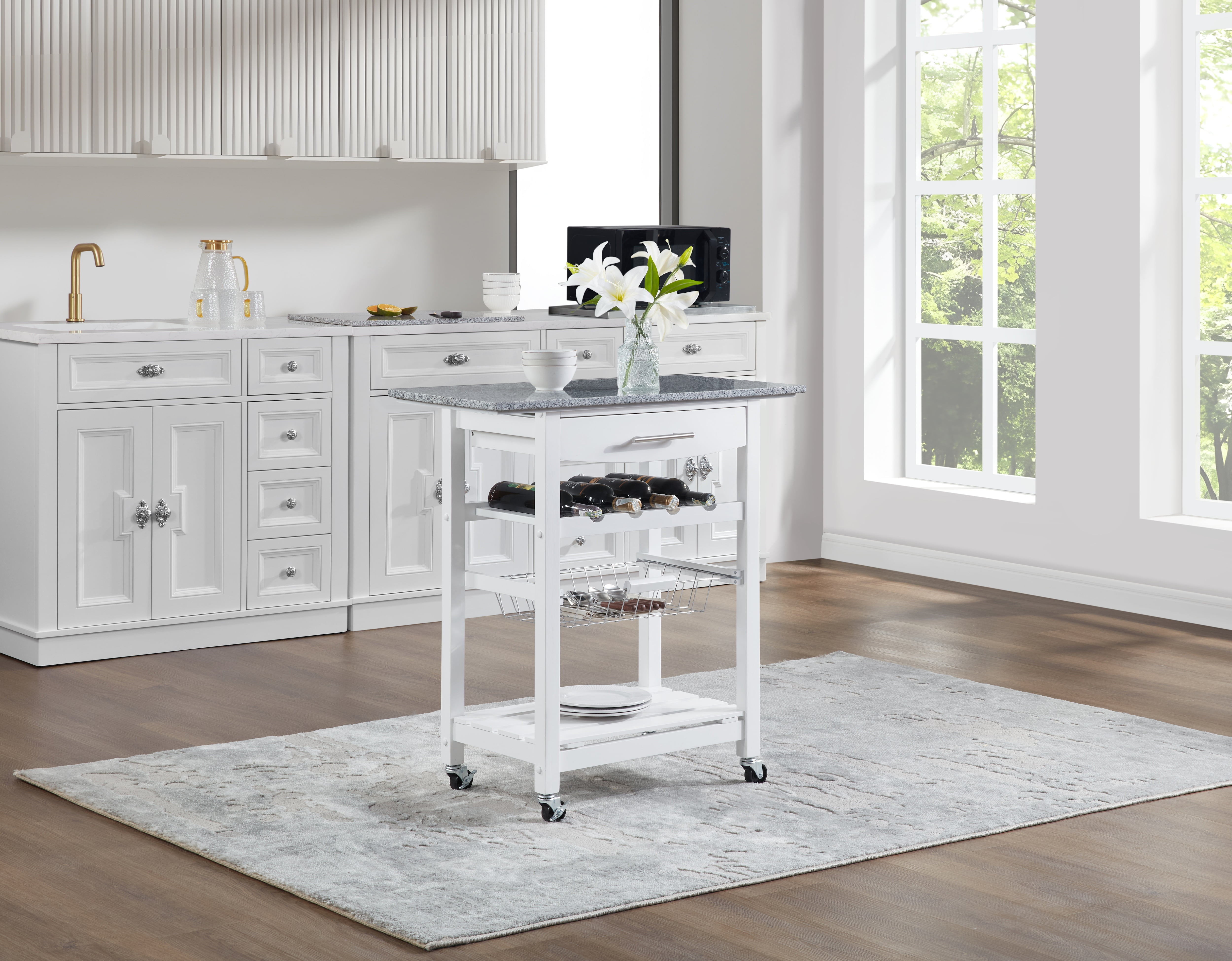 MAYEERTY Mobile Rolling Kitchen Island Trolley with Marble Top, Drawer & Storage Basket ,White