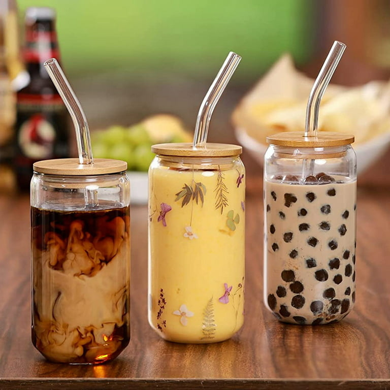 6 Pack Drinking Glass Mugs with Bamboo Lids and Straws 550ml Drinking Jar  Wide Mouth Drinking Clear Glasses Coffee Cups 