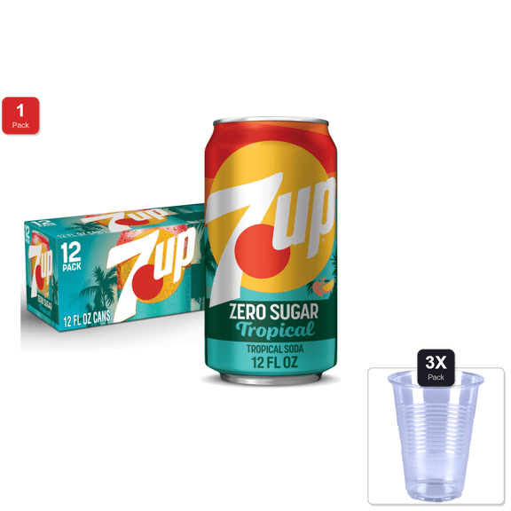 1 Pack | 7Up Tropical Zero Sugar Soda, 12 Fl Oz Cans, 12 Pack & 3x 9oz Disposable Plastic Cups