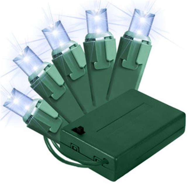 Battery Operated with 50 Conical Pure White LED Lights Green Wire