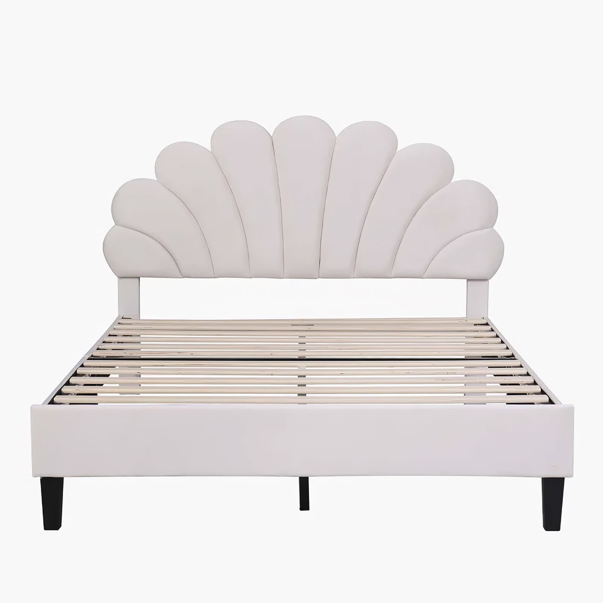 Aukfa Full Bed Frame with Flower Upholstered Headboard, Wood Slats Support, Beige