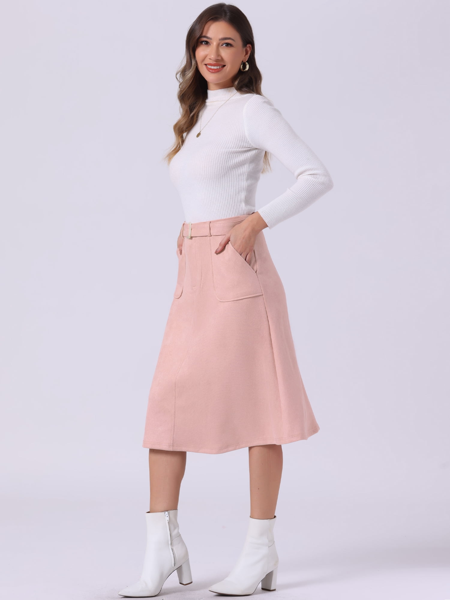 DARING DIVA Women's Casual Faux Suede Pockets Stretch A-line Midi Skirt XL Pink
