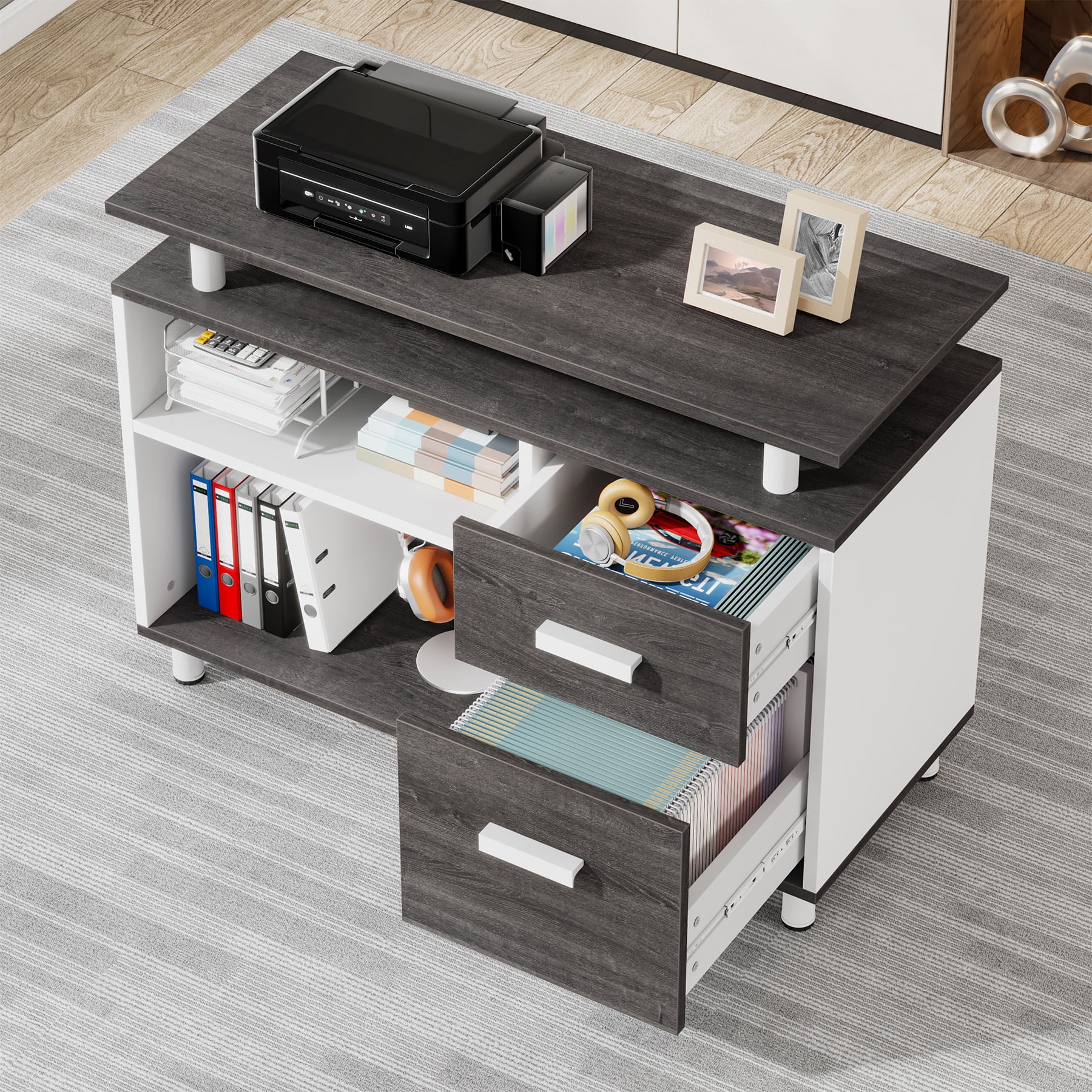Tribesigns 63 Inch Executive Desk with File Cabinet, Large Office Desk L Shaped Computer Desk with Drawers and Storage Shelves, Business Furniture Desk Workstation for Home Office, Gray and White