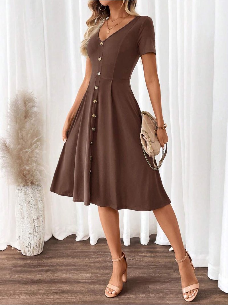 brown fit and flare midi dress Women's Fit & Flare Long Sleeve Brown Midi Dress: Vintage Flare | Medium