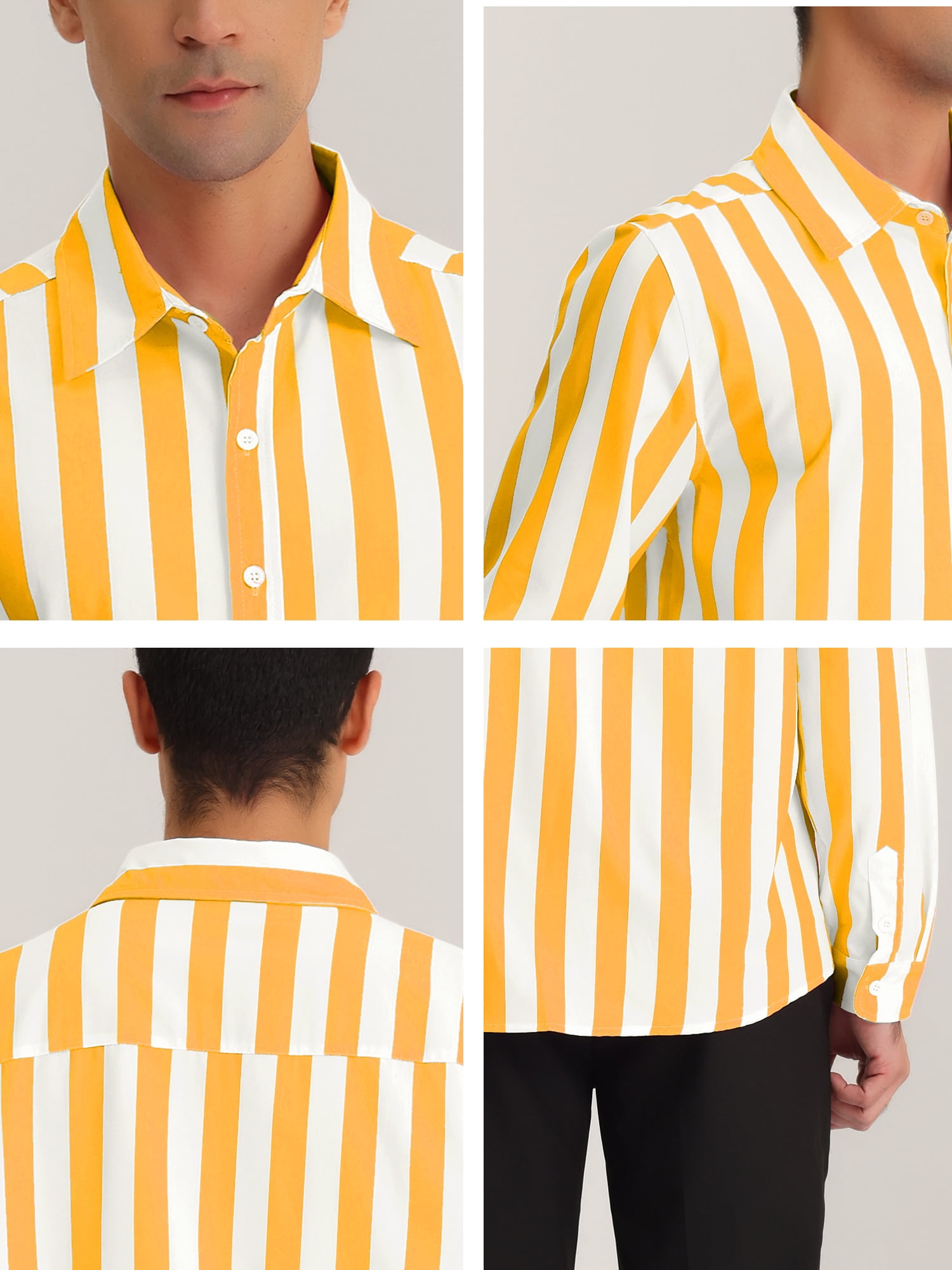 Unique Bargains Men's Casual Striped Long Sleeves Button Down Dress Shirts 2XL Yellow White