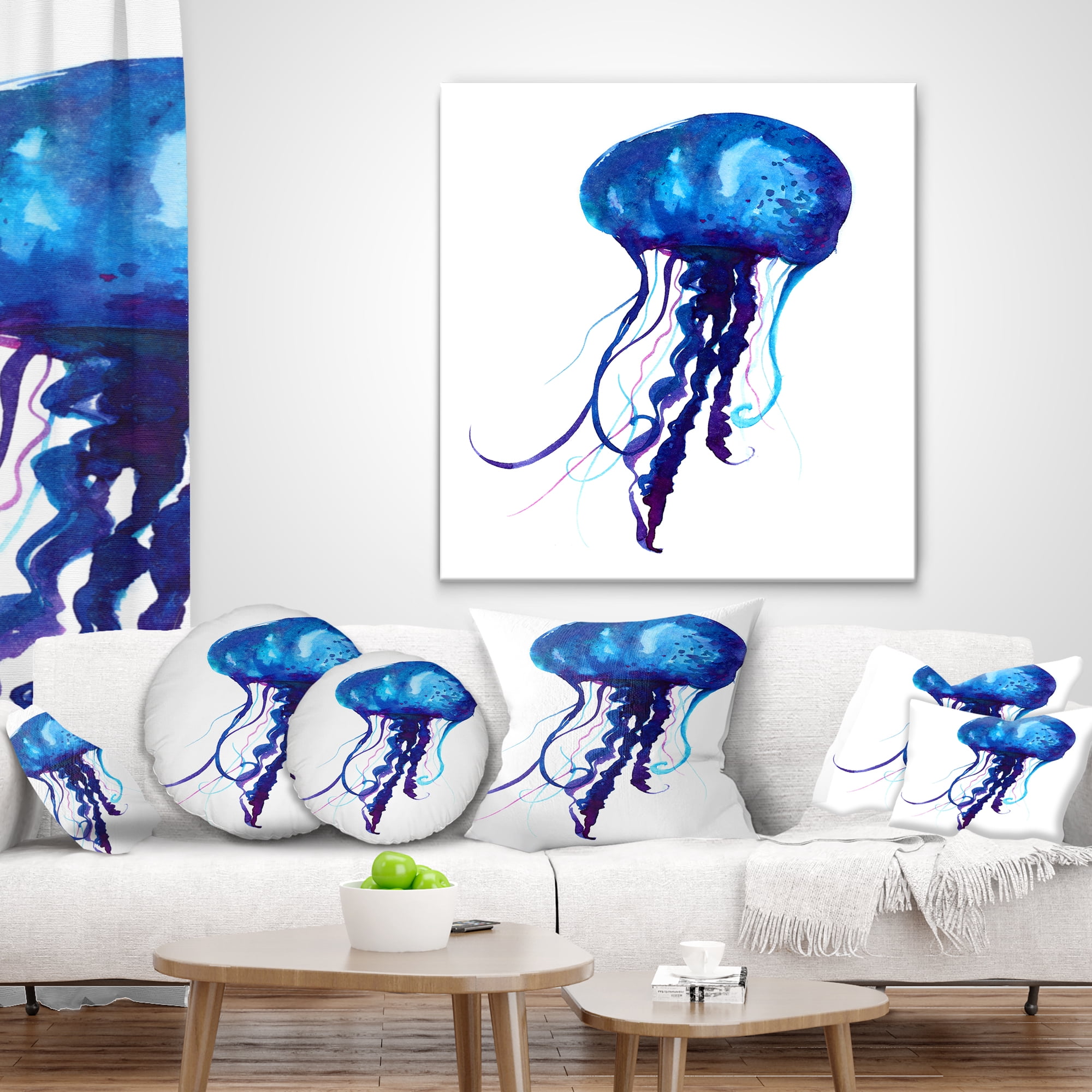 Designart Dark Blue Jellyfish Watercolor - Animal Throw Pillow - 16x16